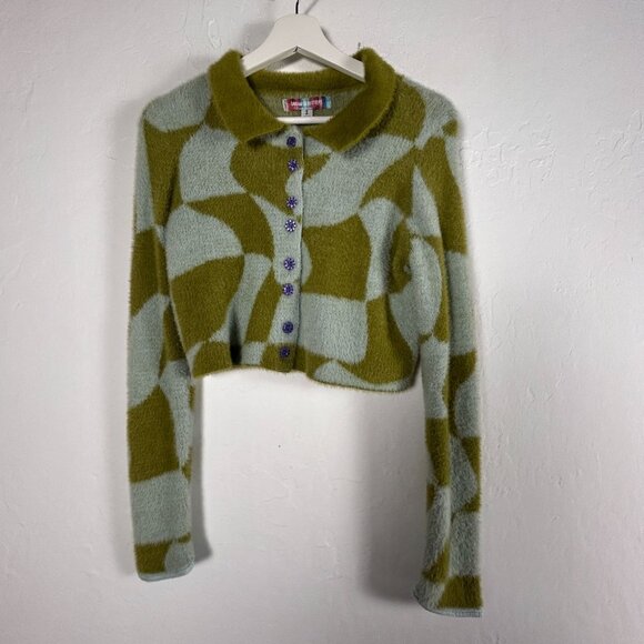 Urban Outfitters Womens Green Wavy Check Cropped Sweater Cardigan Small New $129 - Picture 1 of 8